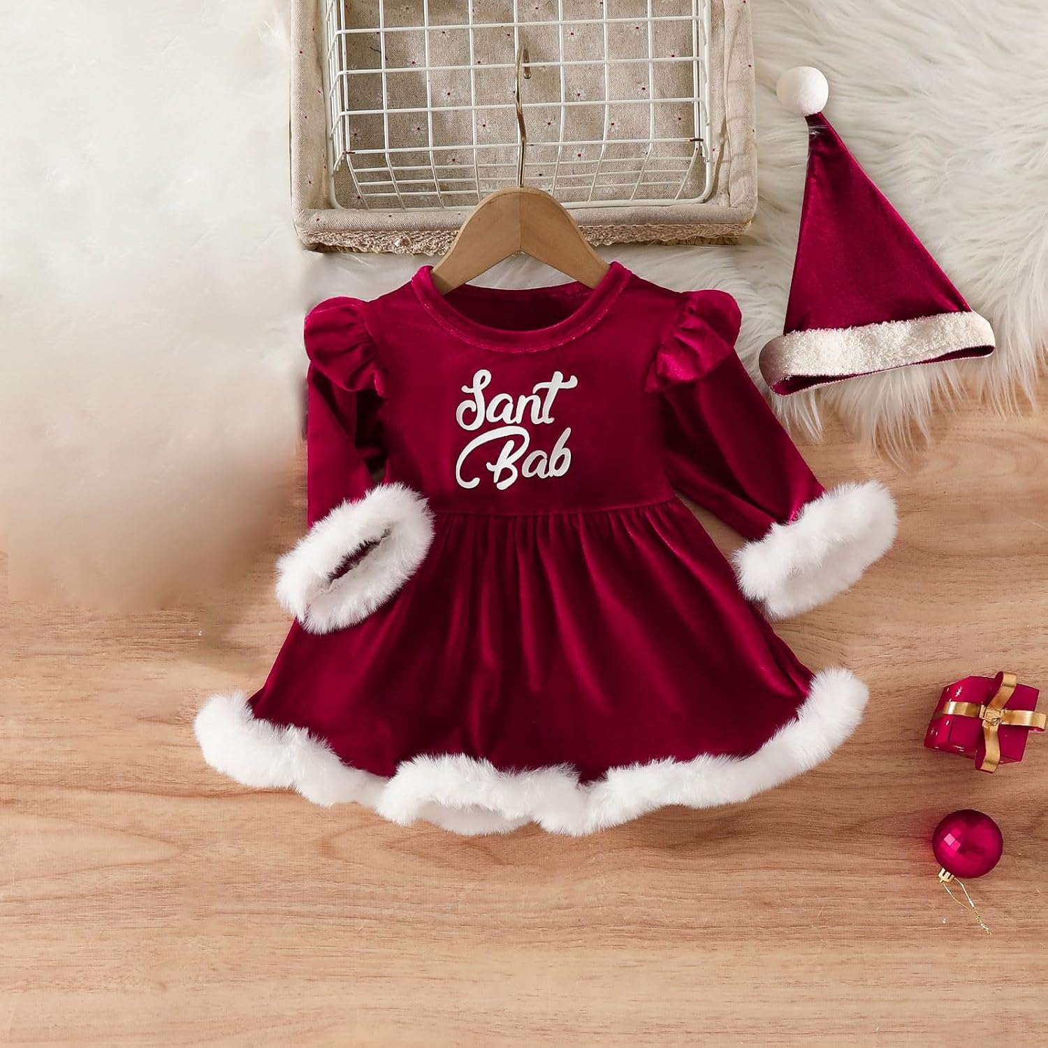 Newborn Baby Girl Christmas Dress with Santa Hat - 2Pcs