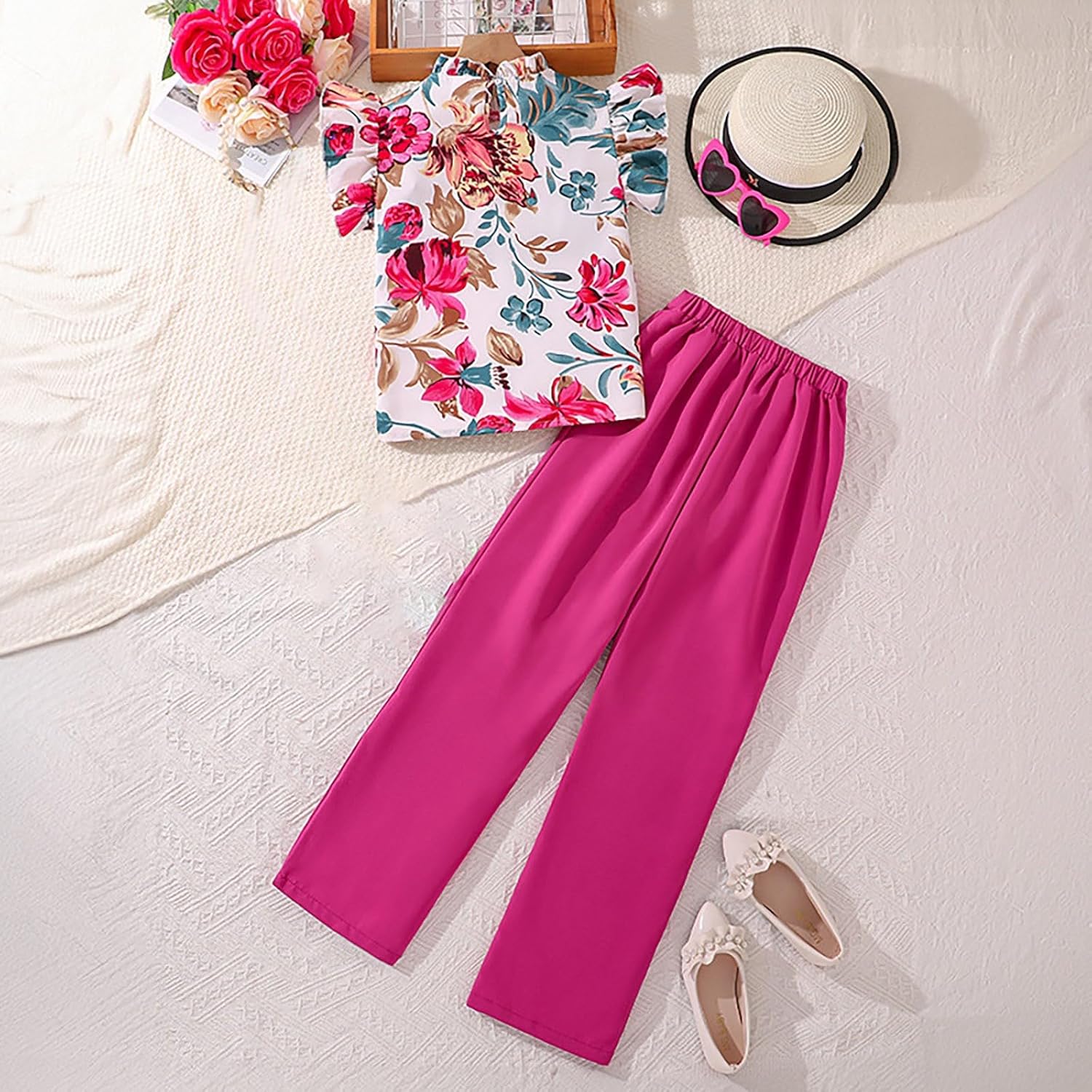 Toddler Girl Summer Suit with Printed Top and Pants Outfit
