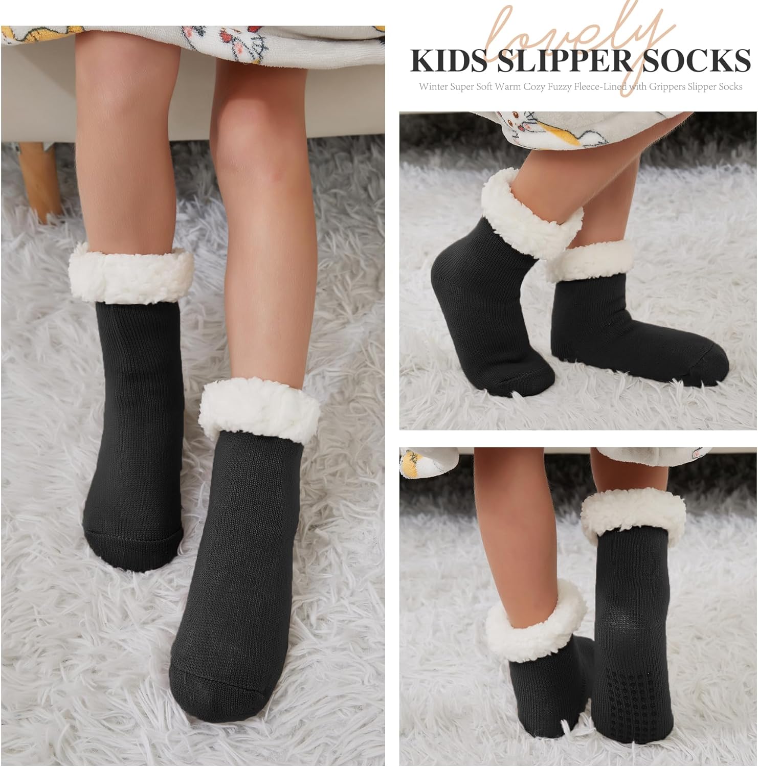 KFUBUO Kids Fleece Slipper Socks with Non-Skid Soles
