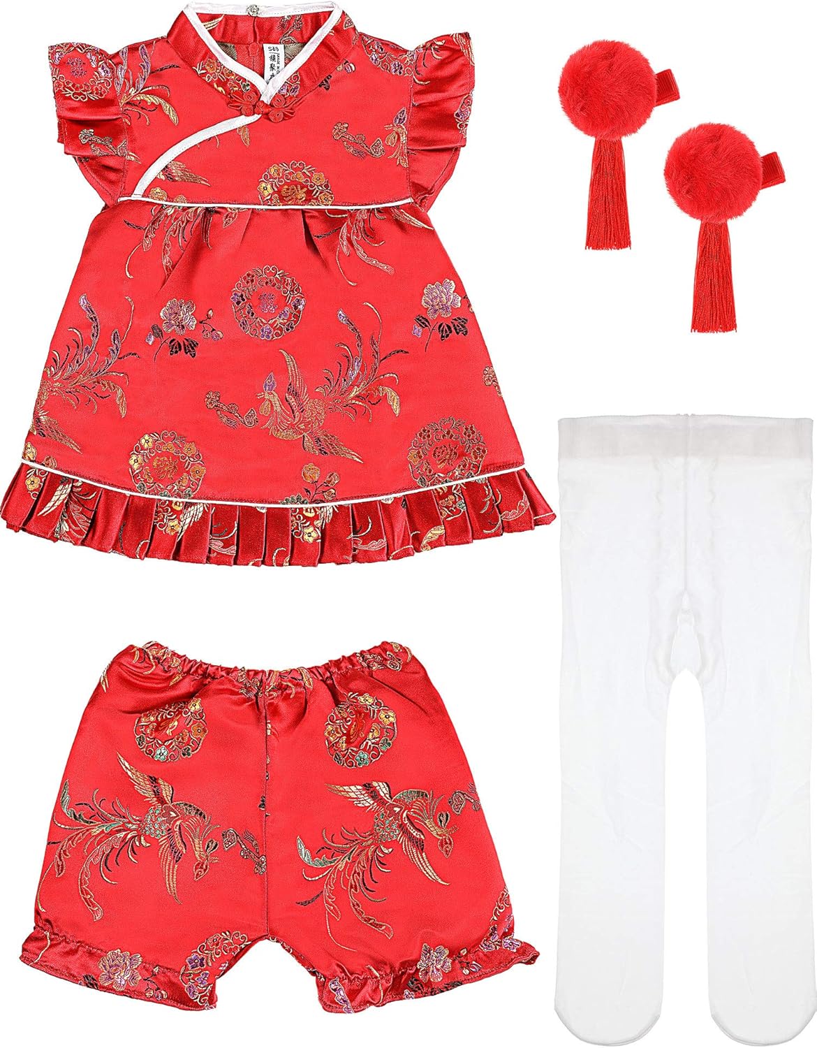 Geyoga Baby QipaoChinese New YearDress with TasselHair Clips Velvet Stockings